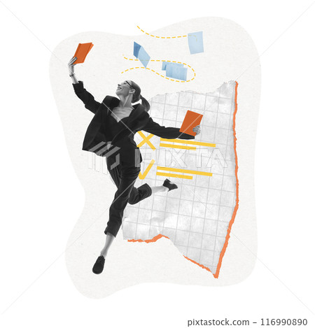 Business woman jumping with notebooks, symbolizing swift logistics. Flying documents and charts highlight efficient planning and strategic execution. Contemporary art collage. 116990890