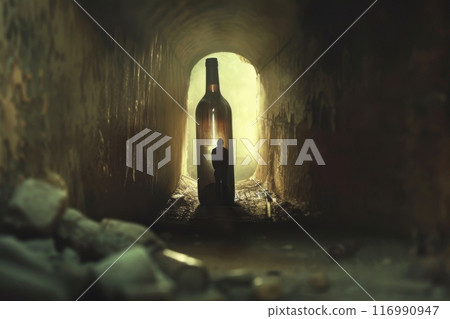 A figure of a man standing inside a giant bottle in a dark tunnel. Alcoholism concept. Generative AI 116990947