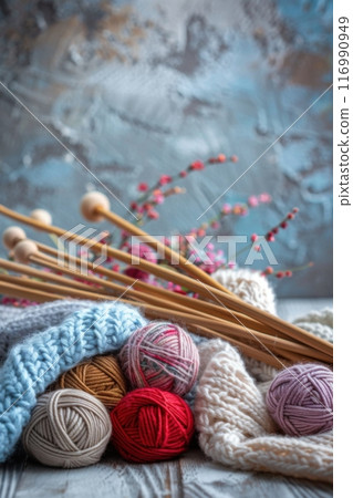 Cozy knitting setup with colorful yarn and needles on a rustic table, copy space. Generative AI 116990949