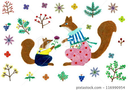 Hand-drawn illustration: Squirrels and their children and plants 116990954