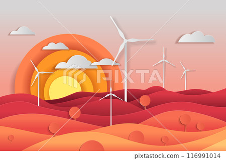 Wind turbines renewable energy landscape sunset windmills colorful layered hills clouds orange yellow gradient background paper cut style 116991014