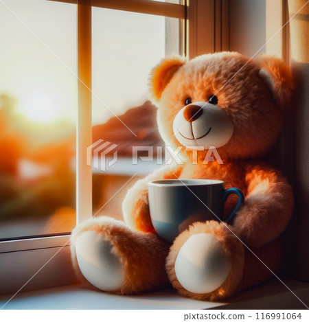 Cute teddy bear sits with a big cup on the windowsill and watches the sunrise. High quality illustration 116991064