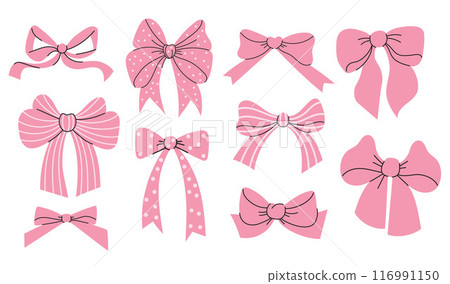Coquette aesthetic pink ribbon bow collection. Isolated trend drawing elements. Vector illustration . Coquette aesthetic pink ribbon bow collection. Isolated trend drawing elements. Vector illustration . 116991150