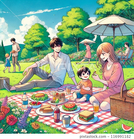 家庭在公園裡野餐 116991182