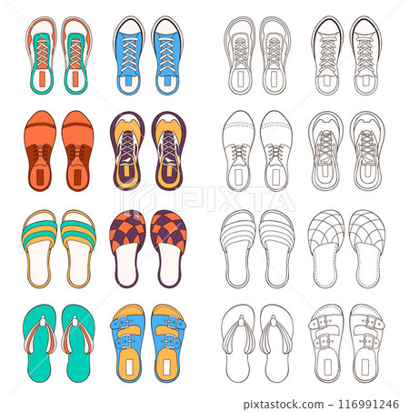 Big Male shoes collection in line art style. Sneakers design for coloring book. Vector illustration isolated on a white background. 116991246