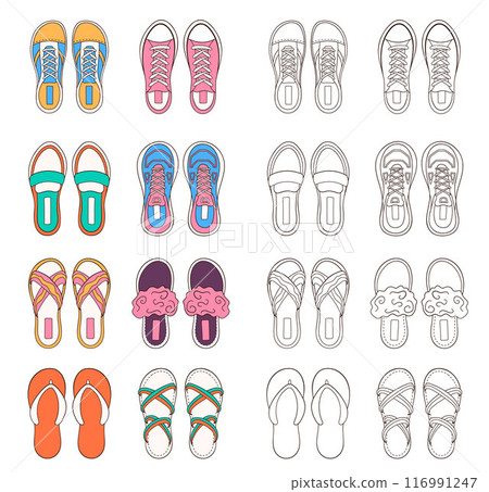 Big Female shoes collection in line art style. Footwear design for coloring book. Vector illustration isolated on a white background. Big Female shoes collection in line art style. Footwear design for coloring book. Vector illustration isolated on a white background. 116991247
