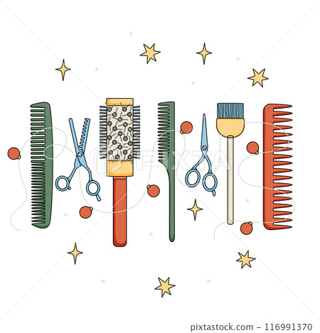 Hairdressing tools combs scissors in bright color with black outline isolated on white. Template for Christmas card or hair salon background. 116991370
