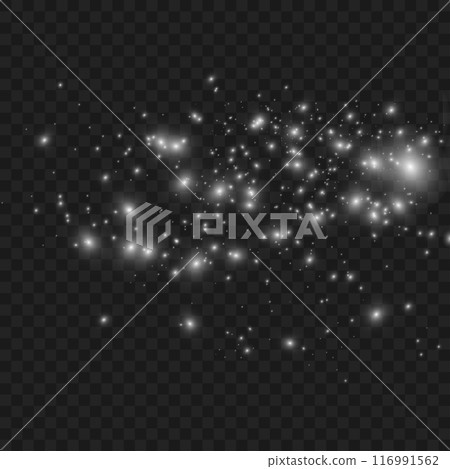 White sparkles and star clusters on a dark, transparent background. Vector 116991562