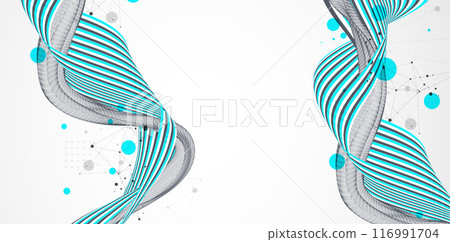 Abstract wavy background with colorful lines and wireframe wave. Hand drawn vector. 116991704