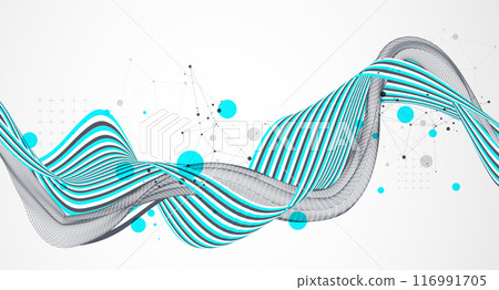 Abstract wavy background with colorful lines and wireframe wave. Hand drawn vector. Abstract wavy background with colorful lines and wireframe wave. Hand drawn vector. 116991705