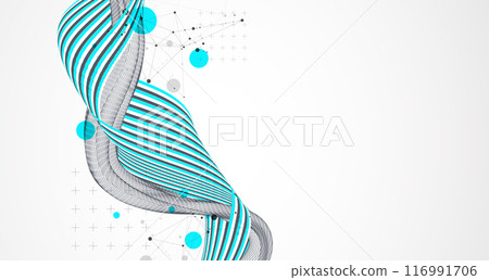 Abstract wavy background with colorful lines and wireframe wave. Hand drawn vector. 116991706