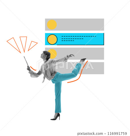 Businesswoman balancing with tablet, symbolizing the balance between professionalism and flexibility. Efficient task management. Contemporary art collage. 116991759