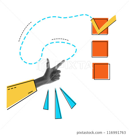 Female hand pointing to checklist with big tick mark, symbolizing progress and tracking, focus on key priorities. Contemporary art collage. 116991763