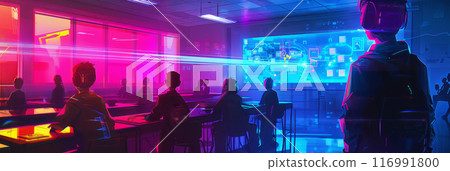 Innovative learning thrives in a classroom equipped with AI tutors and interactive holograms, offering students dynamic and interactive educational tools, Ai-centered world, banner Innovative learning thrives in a classroom equipped with AI tutors and interactive holograms, offering students dynamic and interactive educational tools, Ai-centered world, banner 116991800