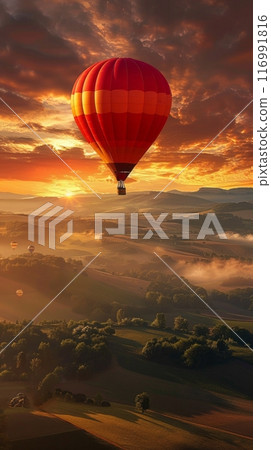 As the sun rises, a family soars in a hot air balloon over a picturesque valley. This bucket list adventure captures the awe and wonder of seeing the world from a unique, elevated perspective As the sun rises, a family soars in a hot air balloon over a picturesque valley. This bucket list adventure captures the awe and wonder of seeing the world from a unique, elevated perspective 116991816