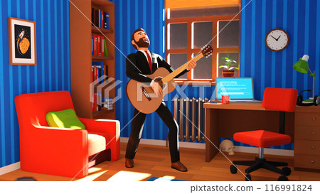 Man Playing Guitar Joyfully in Cozy Home Office Setting Man Playing Guitar Joyfully in Cozy Home Office Setting 116991824