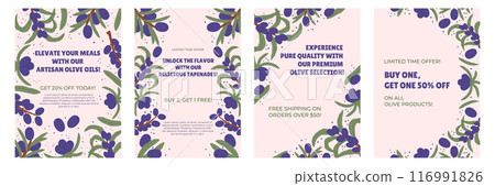 Promotional Poster or Flyer with Purple Olive Branches and Green Leaves. Highlight special offers such as discounts and free shipping, emphasizing premium quality products 116991826