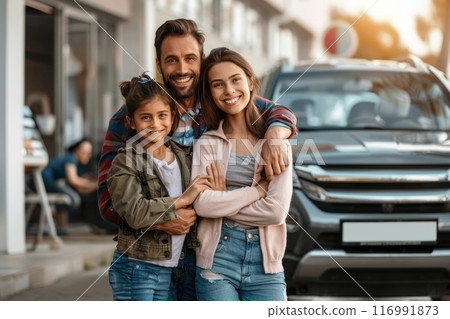 After buying their car, a beaming family gathers in the showroom, radiating joy and contentment, marking the start of memorable journeys together 116991873