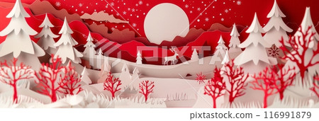 A paper-cut masterpiece depicts a deer in a snowy woodland, symbolizing New Year and Merry Christmas with its serene beauty, spreading warmth and holiday cheer, banner A paper-cut masterpiece depicts a deer in a snowy woodland, symbolizing New Year and Merry Christmas with its serene beauty, spreading warmth and holiday cheer, banner 116991879