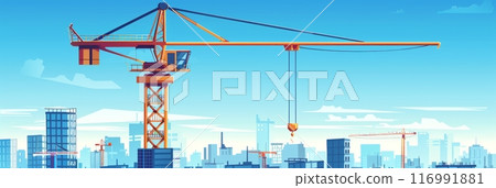 Illustration of a modern construction crane, hoisting, towering and efficient amidst bustling cityscape, modern urban construction, banner 116991881