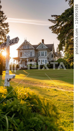 A FOR SALE sign against the background of a house for sale, free housing for purchase 116991988