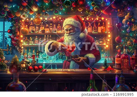 A jolly bartender in a Santa Claus costume expertly mixes a festive cocktail behind a beautifully decorated bar, creating a lively and merry atmosphere perfect for joyful holiday celebrations 116991995