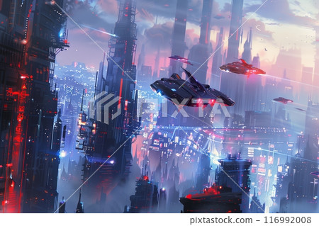 The futuristic cityscape features towering buildings, showcasing a high-tech metropolis where advanced technology and innovation are integrated into every aspect of urban life, culture of possibility 116992008