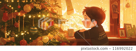 In a warm and inviting room, the boy's eyes are captivated by the Christmas tree, the festive atmosphere enhanced by the glowing fireplace, garlands, and the magic of the holiday season, banner 116992022