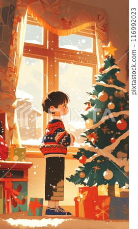 The room is filled with a cheerful and festive spirit as the boy looks at the Christmas tree, surrounded by twinkling lights, ornaments, and seasonal decor, creating a heartwarming holiday scene 116992023