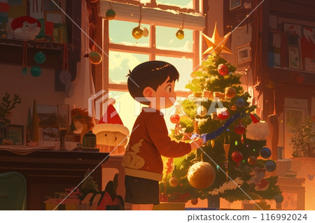 A young boy stands by the window, gazing at the beautifully adorned Christmas tree in a cozy room, the festive atmosphere radiating warmth and joy with glowing lights and holiday decorations 116992024