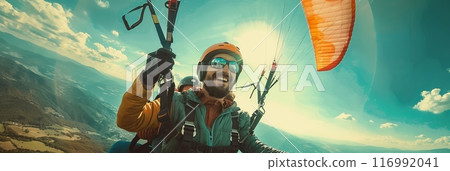 Happy paragliders flying on a paraglider, aerial view of flying paragliders, banner 116992041