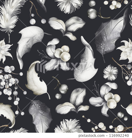 Christmas watercolor seamless pattern. Botanical winter drawing of berries, leaves, snowy plants on dark background. Festive New Year design for packaging and textile. Christmas watercolor seamless pattern. Botanical winter drawing of berries, leaves, snowy plants on dark background. Festive New Year design for packaging and textile. 116992240
