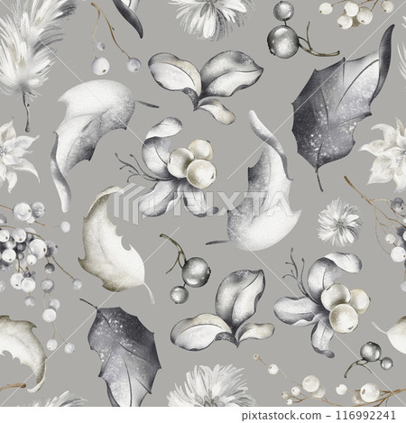 Christmas watercolor seamless pattern. Botanical winter drawing of berries, leaves, snowy plants on gray background. Festive New Year design for packaging and textile. Christmas watercolor seamless pattern. Botanical winter drawing of berries, leaves, snowy plants on gray background. Festive New Year design for packaging and textile. 116992241