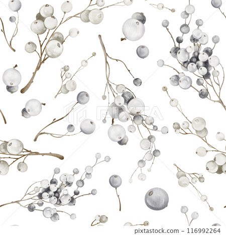 Watercolor seamless pattern mistletoe branches. Christmas background plants. Winter snow berries of blueberries, huckleberries on white backdrop. Vintage botanical holiday design New Year wrapping. Watercolor seamless pattern mistletoe branches. Christmas background plants. Winter snow berries of blueberries, huckleberries on white backdrop. Vintage botanical holiday design New Year wrapping. 116992264