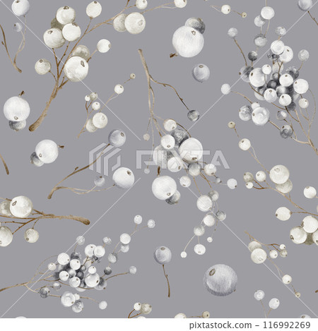 Watercolor seamless pattern mistletoe branches. Christmas background plants. Winter snow berries of blueberries, huckleberries on grey backdrop. Vintage botanical holiday design New Year wrapping. Watercolor seamless pattern mistletoe branches. Christmas background plants. Winter snow berries of blueberries, huckleberries on grey backdrop. Vintage botanical holiday design New Year wrapping. 116992269