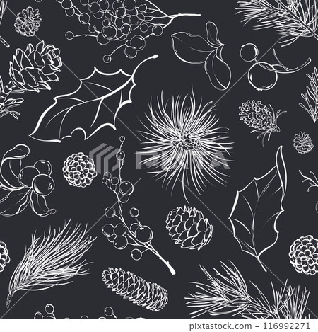 Christmas linear seamless pattern. Botanical winter drawing of flat silhouettes of berries, leaves, cones and pine branches on dark background. Holiday New Year design for packaging and textile. 116992271