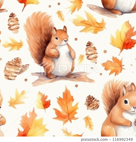 A watercolor seamless illustration depicts an autumn pattern with berries and leaves and squirrels in pastel hues, capturing the whimsical beauty of the season 116992349