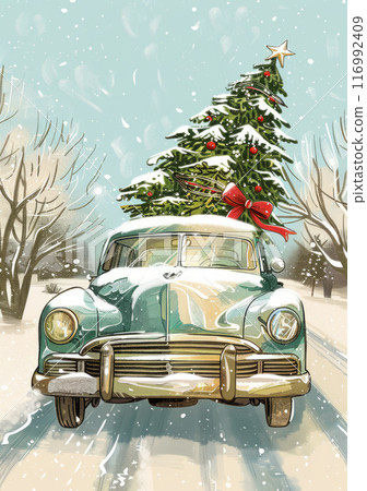 This holiday greeting card showcases a timeless scene of a classic vehicle carrying a Christmas tree, evoking a sense of nostalgia and seasonal cheer in its artistic design and vintage appeal This holiday greeting card showcases a timeless scene of a classic vehicle carrying a Christmas tree, evoking a sense of nostalgia and seasonal cheer in its artistic design and vintage appeal 116992409