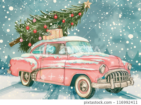 The vintage-inspired Christmas card features a classic car with a holiday tree on its roof, blending traditional artwork and festive imagery to create a warm and inviting seasonal greeting 116992411