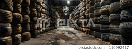 A warehouse featuring a range of second-hand car tires, set against a backdrop of urban decay and industrial ambiance , banner A warehouse featuring a range of second-hand car tires, set against a backdrop of urban decay and industrial ambiance , banner 116992417