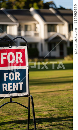 Sign FOR RENT on a green clearing against the background of a house for rent 116992429