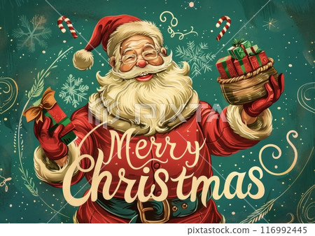 Featuring an old-fashioned Santa Claus, this vintage Christmas card evokes a sense of nostalgia and warmth depicting the beloved figure with his sack of toys amidst a winter scene 116992445