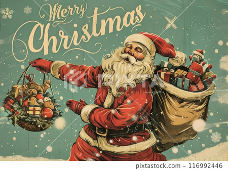 A retro-inspired Christmas card showcases a vintage Santa Claus holding a sack of toys, capturing the nostalgic charm of traditional holiday greetings with its classic illustration and festive design 116992446