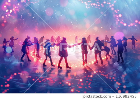 A group of people forms a joyful circle on ice, holding hands and skating beneath twinkling Christmas lights, capturing the festive spirit of winter celebrations and communal joy A group of people forms a joyful circle on ice, holding hands and skating beneath twinkling Christmas lights, capturing the festive spirit of winter celebrations and communal joy 116992453