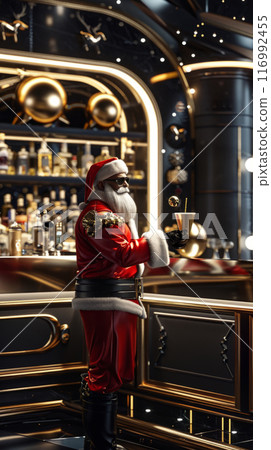 The modern bar scene comes alive with holiday spirit as the bartender, donning a jolly Santa outfit, mixes seasonal cocktails for delighted partygoers, all surrounded by festive lights The modern bar scene comes alive with holiday spirit as the bartender, donning a jolly Santa outfit, mixes seasonal cocktails for delighted partygoers, all surrounded by festive lights 116992455
