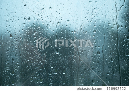Water drops on glass window with autmn forest background Water drops on glass window with autmn forest background 116992522