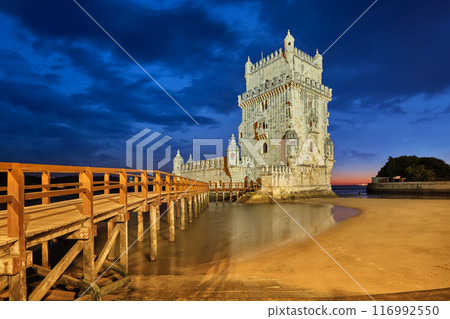 Belem Tower on the bank of the Tagus River in twilight. Lisbon, Portugal Belem Tower on the bank of the Tagus River in twilight. Lisbon, Portugal 116992550