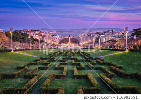 View of Lisbon Marquis of Pombal Square seen from the Eduardo VII Park in night, Portugal 116992551