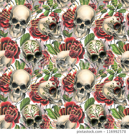 Human skulls with an ornament, red roses in a golden crown, branches. Hand drawn watercolor illustration for Halloween, day of the dead, Dia de los muertos. Seamless pattern on white background. 116992578