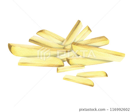 White potato slices, peeled, long french fry sticks, a bunch. Watercolor hand drawn illustration on the theme of harvesting, cooking, food, vegetable shop design. Composition isolated from background 116992602